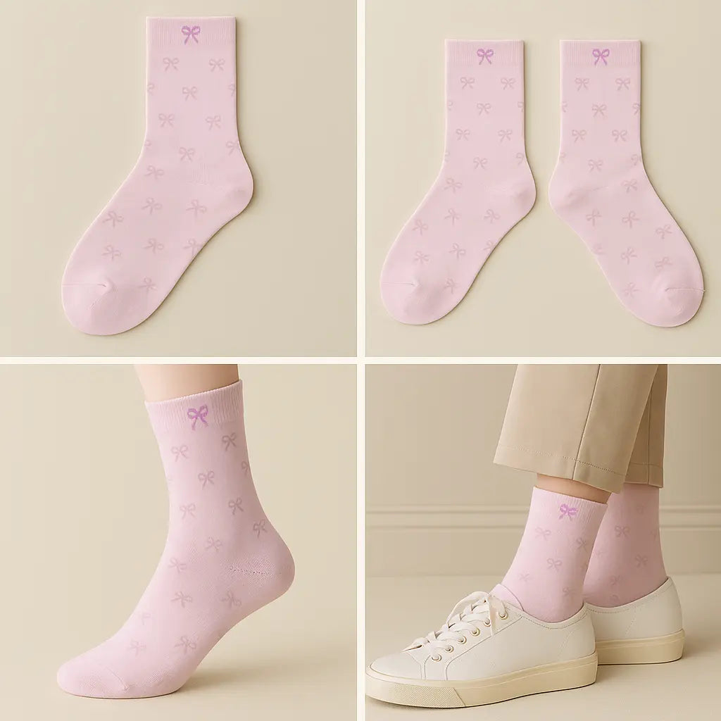 Chaussettes femmes Noeuds rose en coton mi-mollet galerie produit