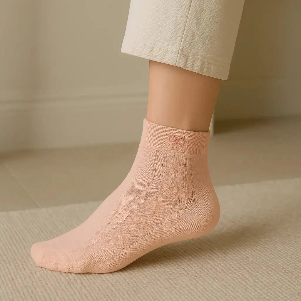 Chaussettes Femmes Noeuds Courtes Coton Rose en situation