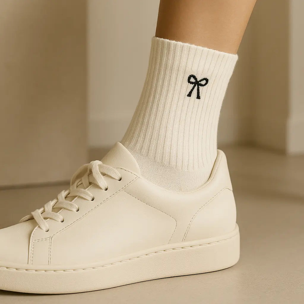 Chaussettes femmes Noeud courtes en coton blanc crème avec chaussures