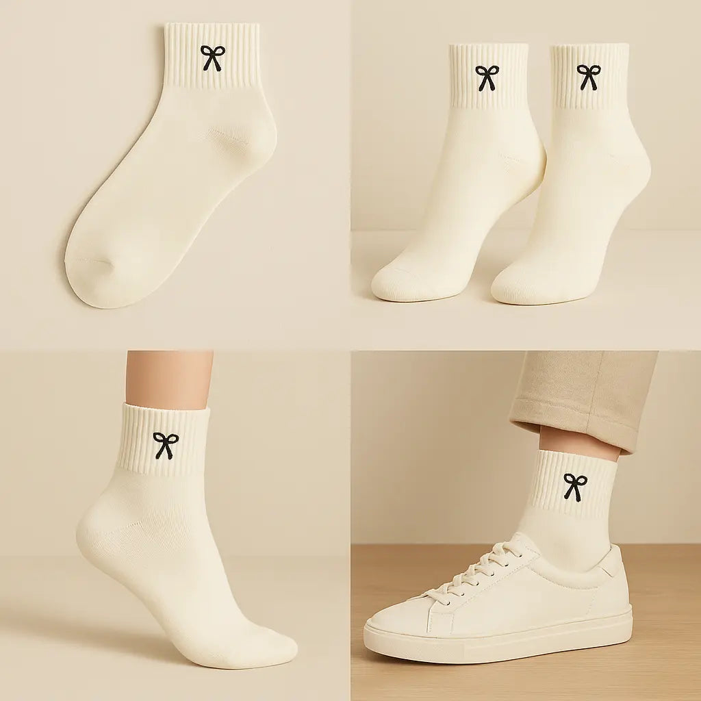 Chaussettes femmes Noeud courtes en coton blanc crème galerie produit