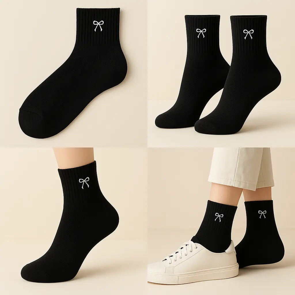 Chaussettes femmes Noeud courtes en coton noir galerie produit