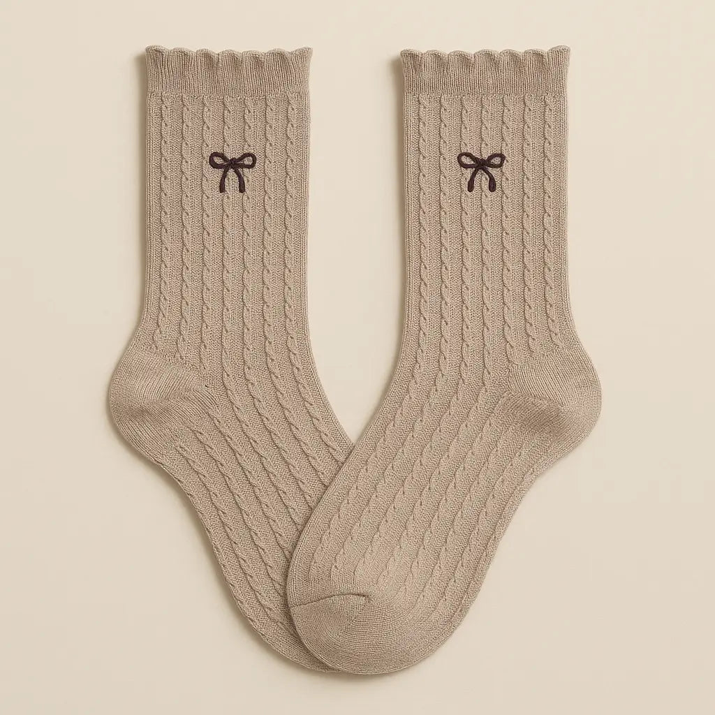Chaussettes Femmes Noeud Mollet Coton Brun Cendré paire