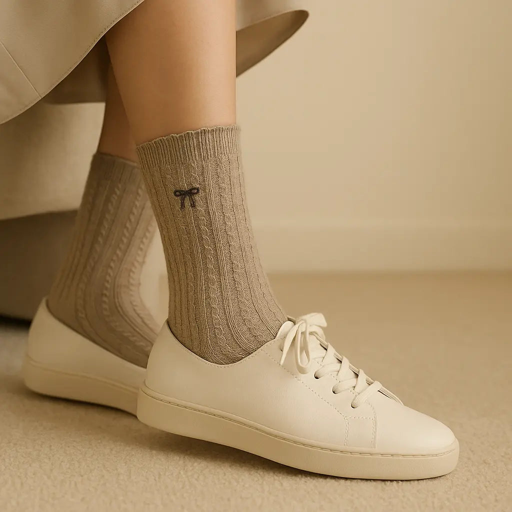 Chaussettes Femmes Noeud Mollet Coton Brun Cendré en situation