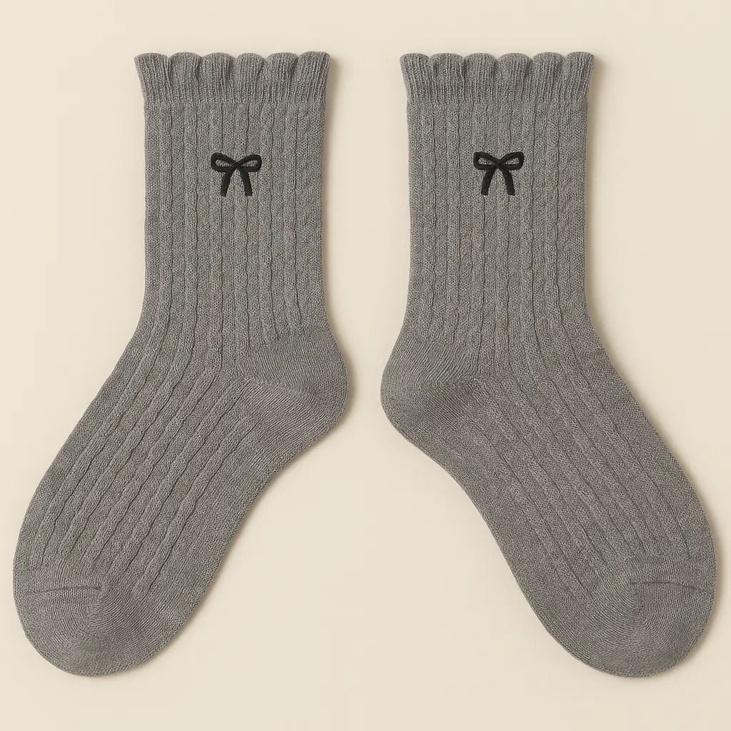 Chaussettes Femmes Noeud Mi-Mollet Coton Gris Foncé paire