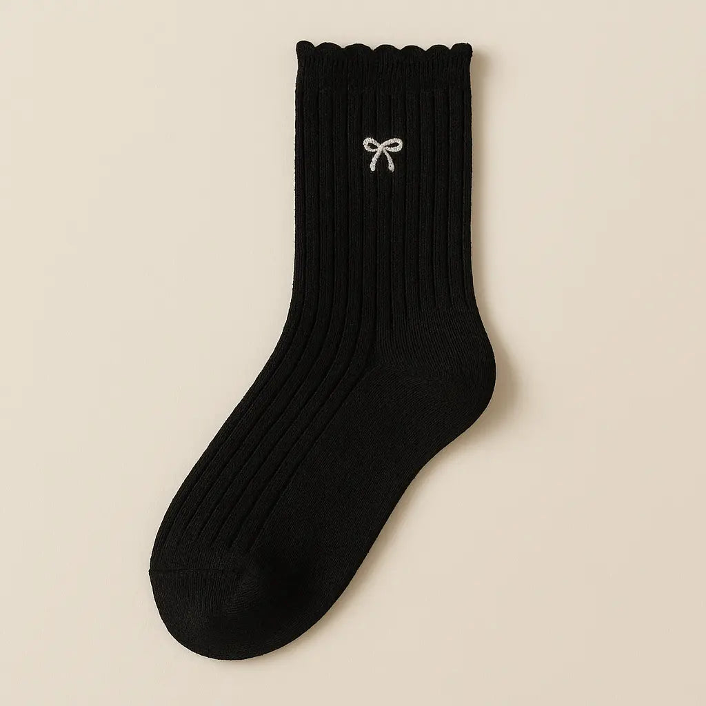 Chaussettes femmes Noeud noir en coton mollet vue à plat