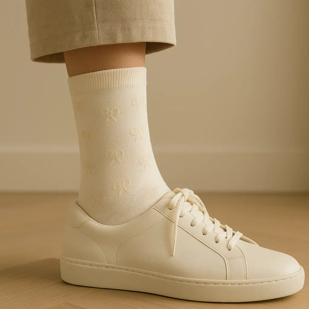 Chaussettes femmes Noeud mi-mollet coton Avoine avec chaussures