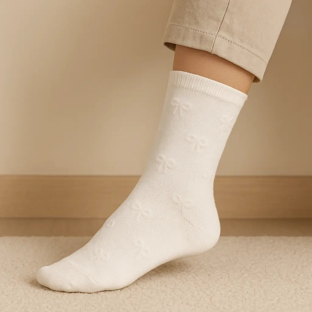 Chaussettes femmes Noeud mi-mollet coton blanc en situation