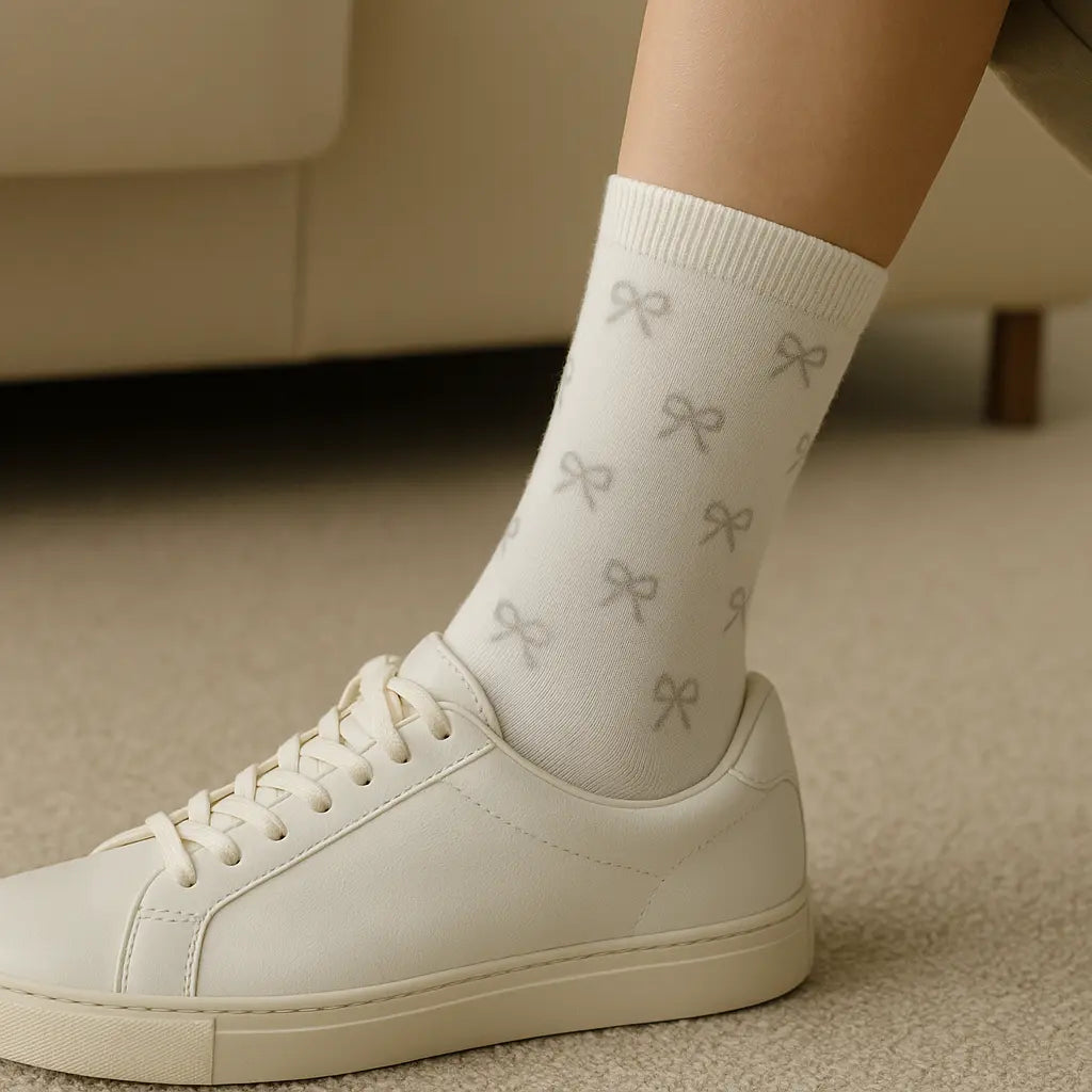 Chaussettes femmes Noeud mi-mollet coton gris clair en situation