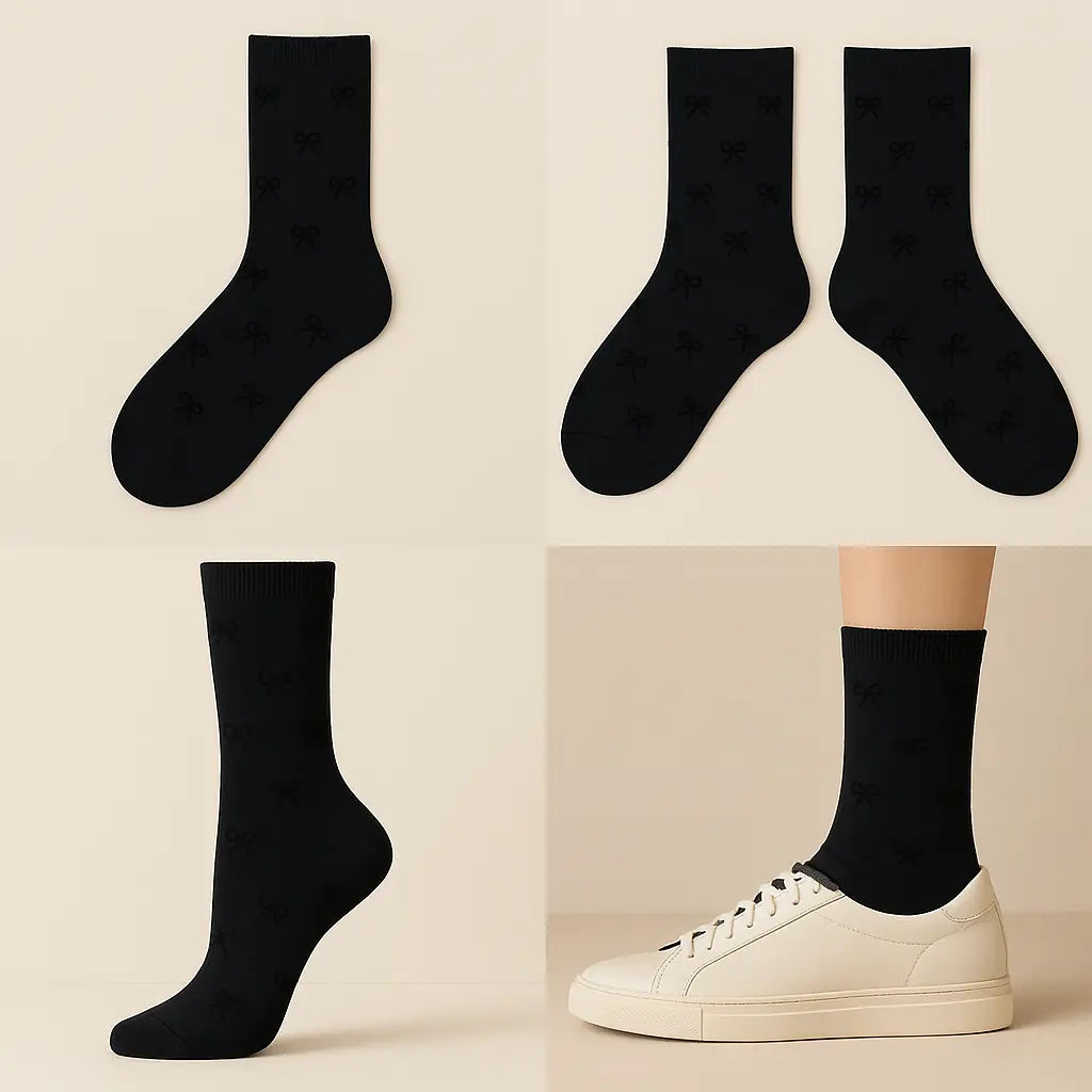 Chaussettes femmes Noeud mi-mollet coton noir galerie produit