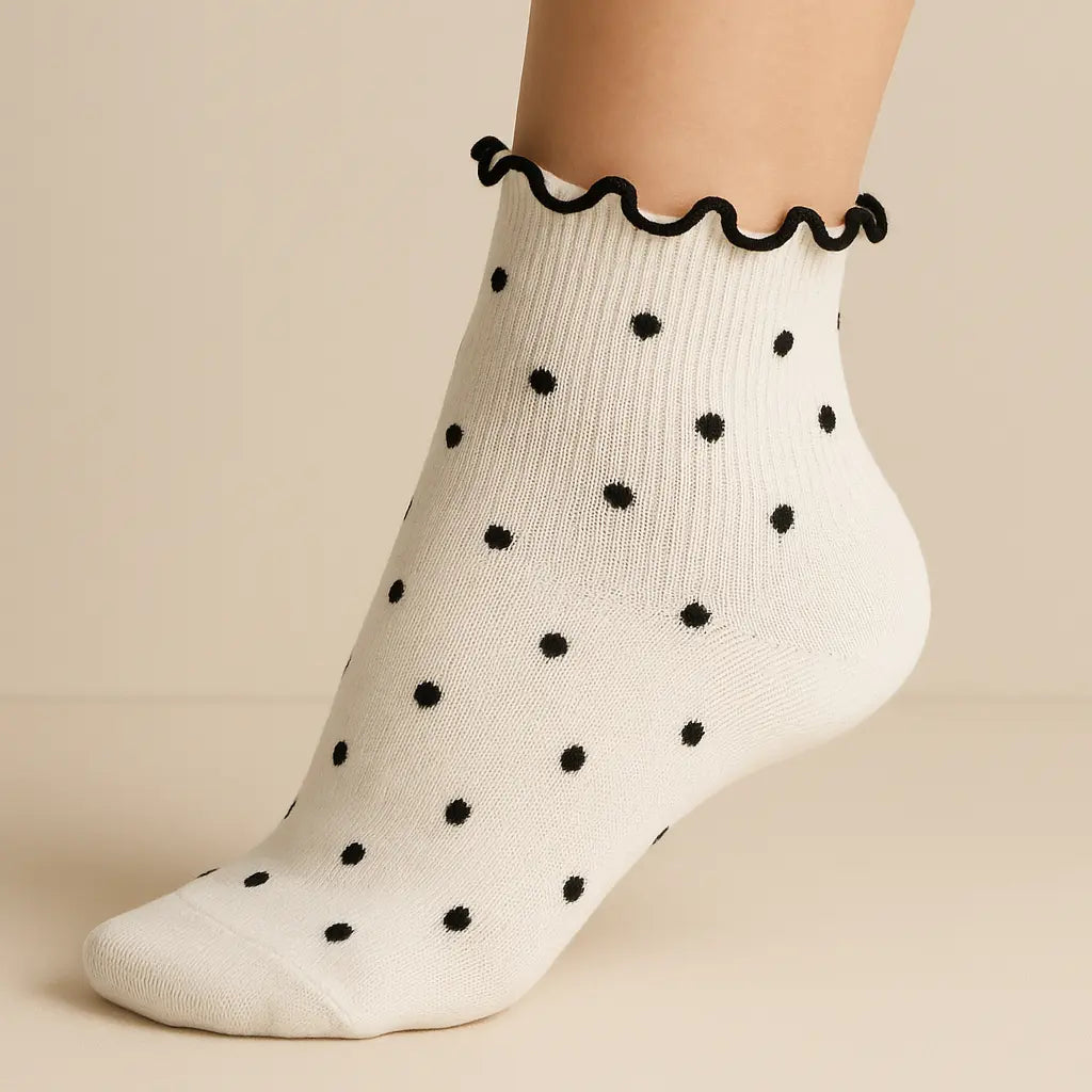 Chaussettes femmes Pois courtes en coton blanc sur pied mannequin