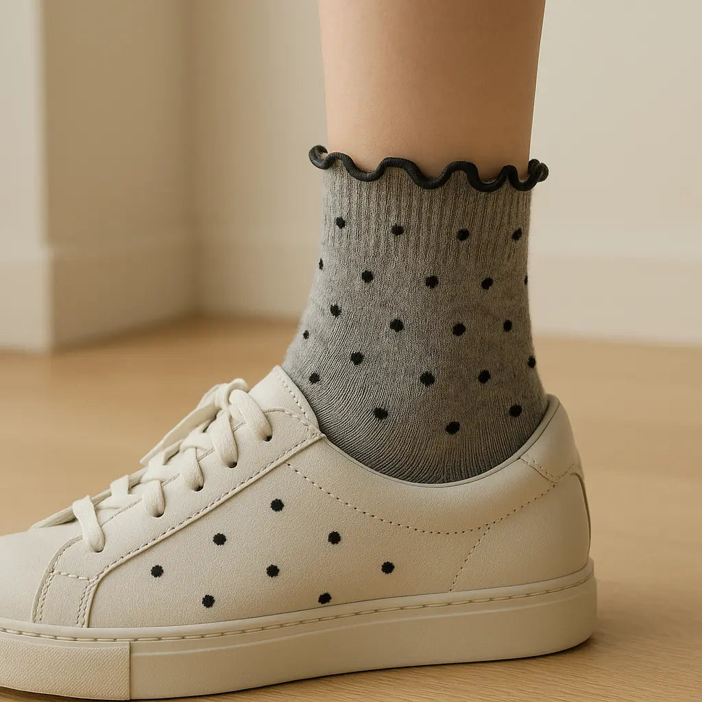 Chaussettes Femme Pois Courtes Coton Gris Clair avec chaussures