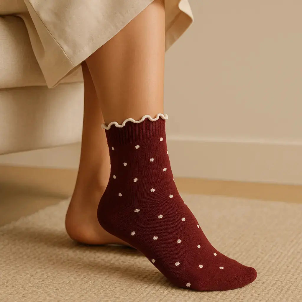 Chaussettes femmes Pois courtes en coton rouge en situation
