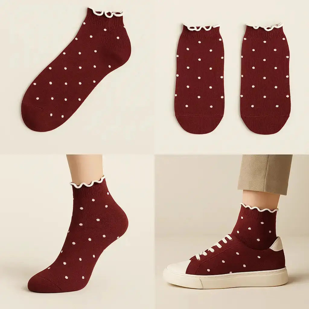 Chaussettes femmes Pois courtes en coton rouge galerie produit