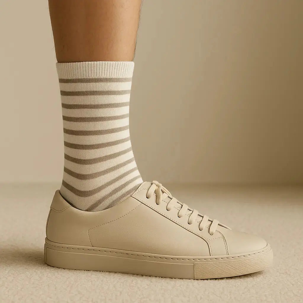 Chaussettes femmes rayures gris clair en coton mi-mollet en situation