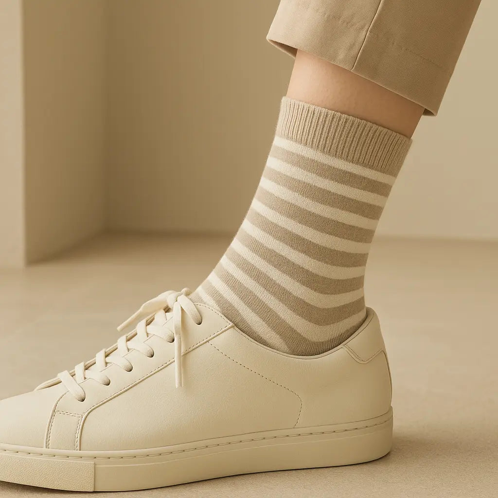 Chaussettes femmes rayures gris clair en coton mi-mollet avec chaussures