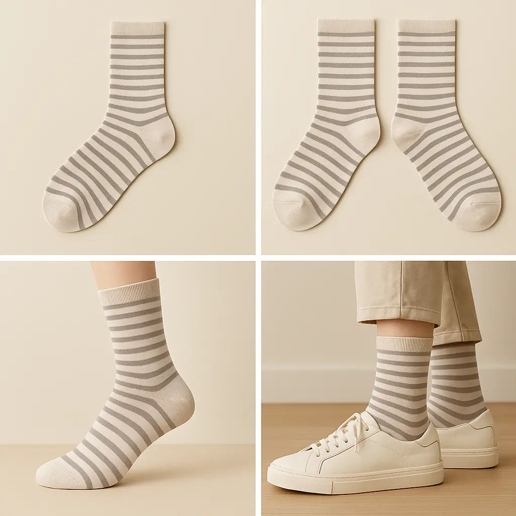Chaussettes femmes rayures gris clair en coton mi-mollet galerie produit
