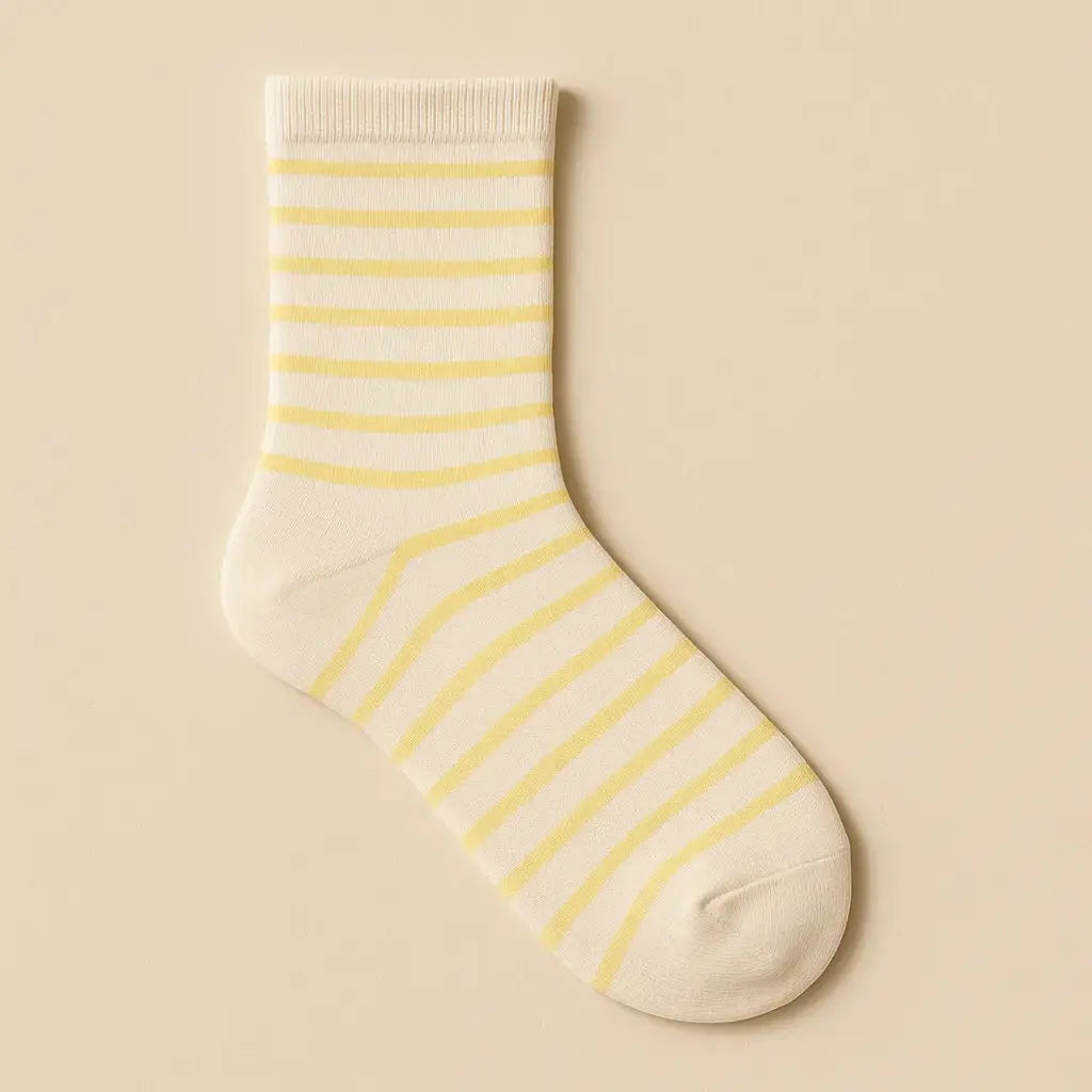 Chaussettes femmes Rayures jaunes en coton mi-mollet vue à plat
