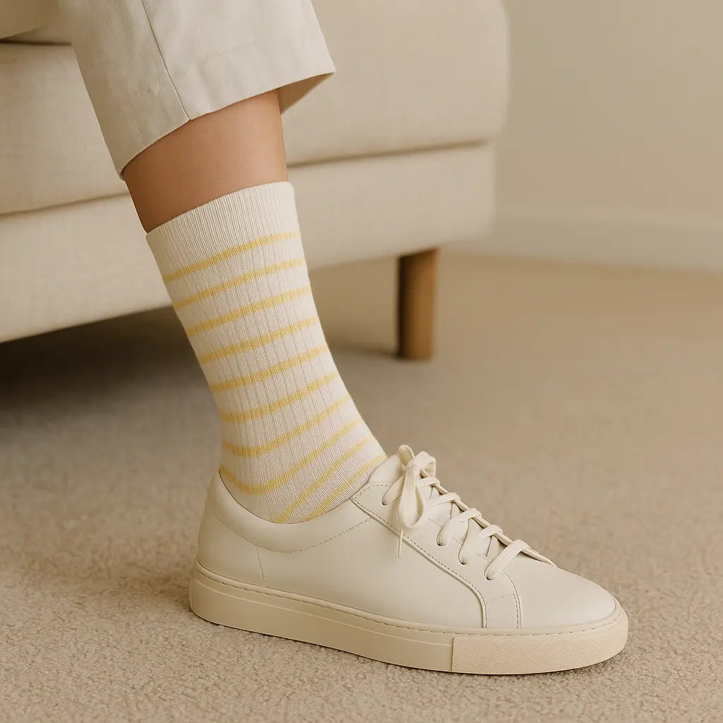 Chaussettes femmes Rayures jaunes en coton mi-mollet en situation