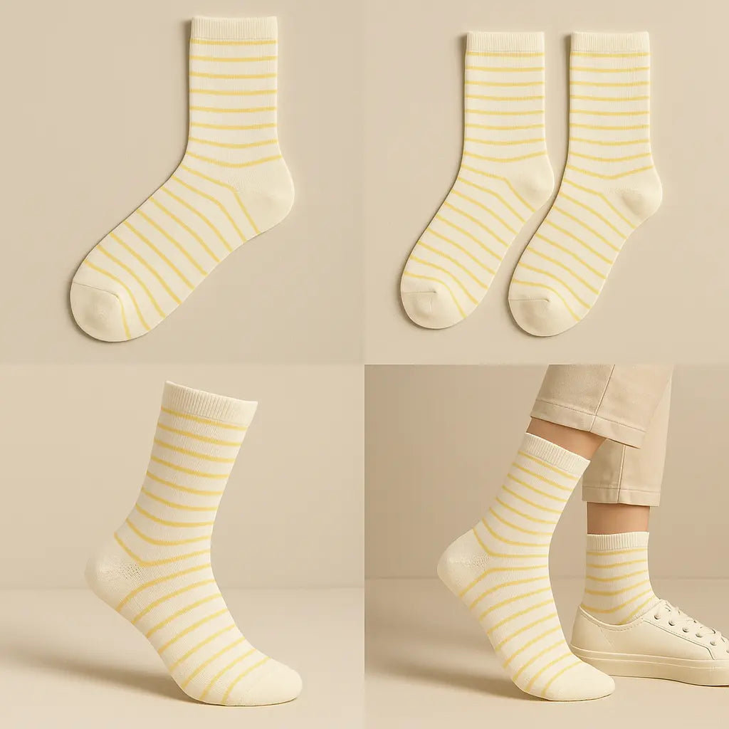 Chaussettes femmes Rayures jaunes en coton mi-mollet galerie produit