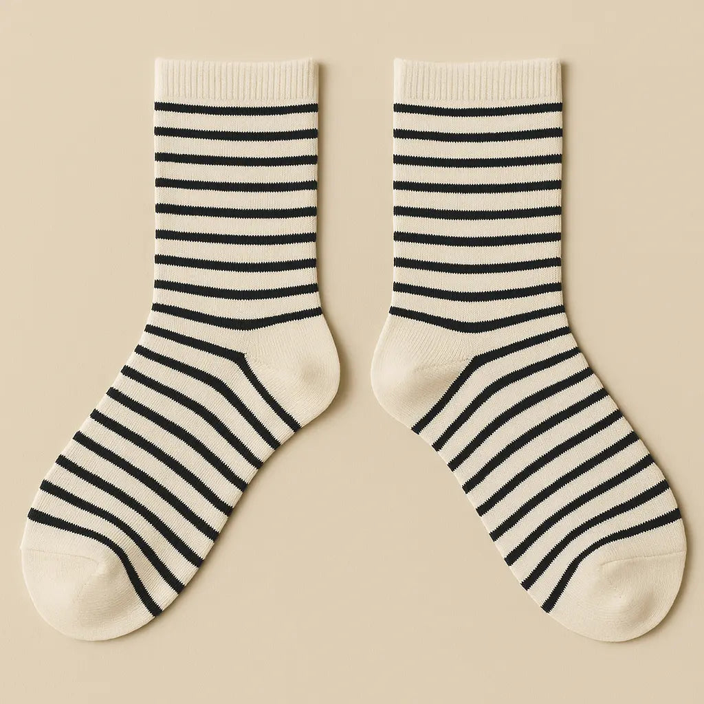 Chaussettes femmes rayures noires mi-mollet en coton paire