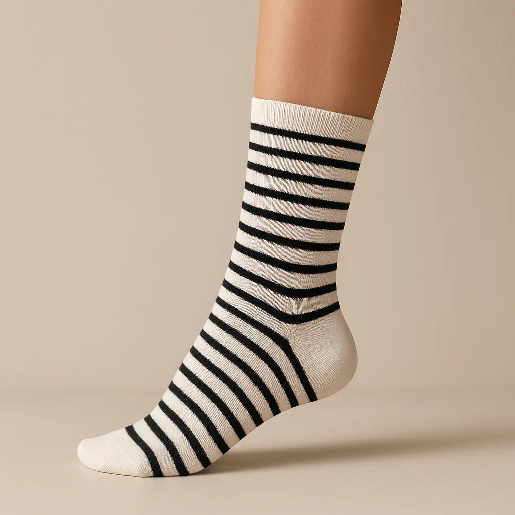 Chaussettes femmes rayures noires mi-mollet en coton sur pied mannequin