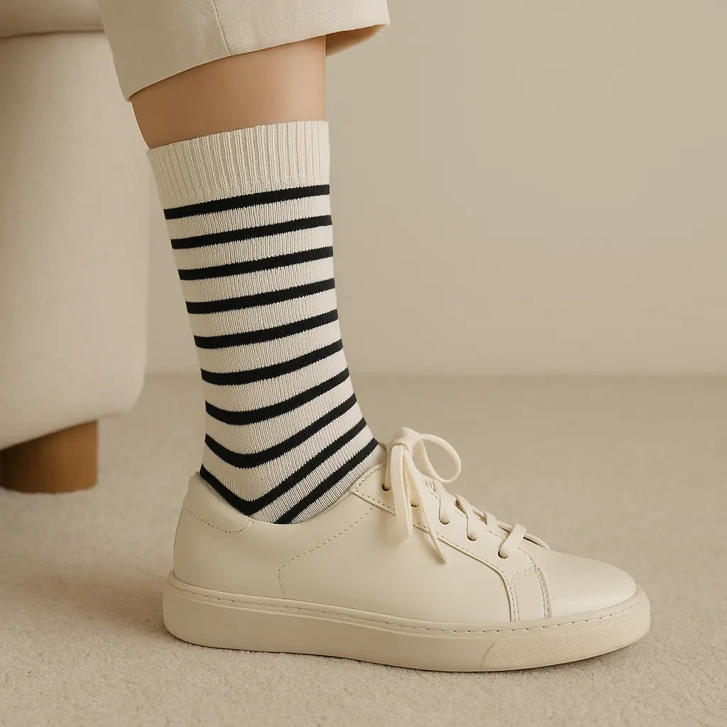 Chaussettes femmes rayures noires mi-mollet en coton en situation