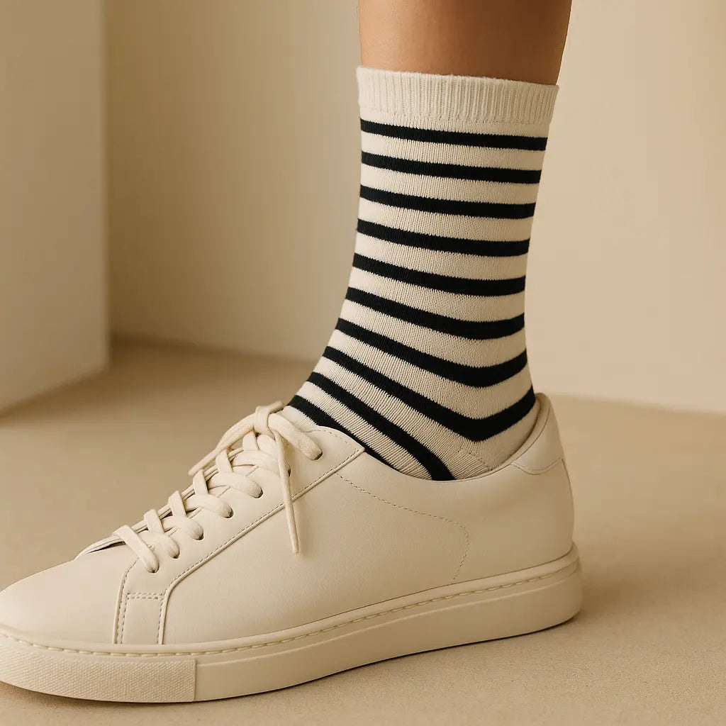 Chaussettes femmes rayures noires mi-mollet en coton avec chaussures