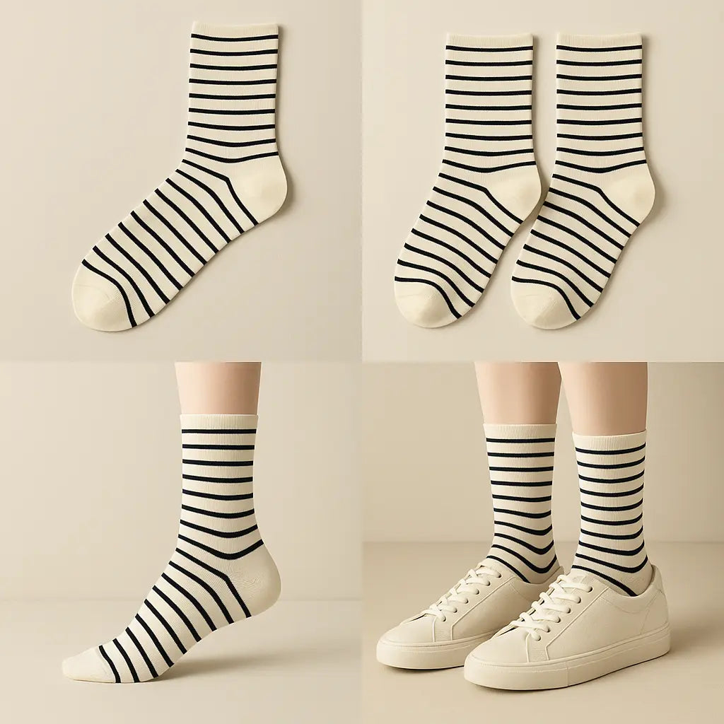 Chaussettes femmes rayures noires mi-mollet en coton galerie produit