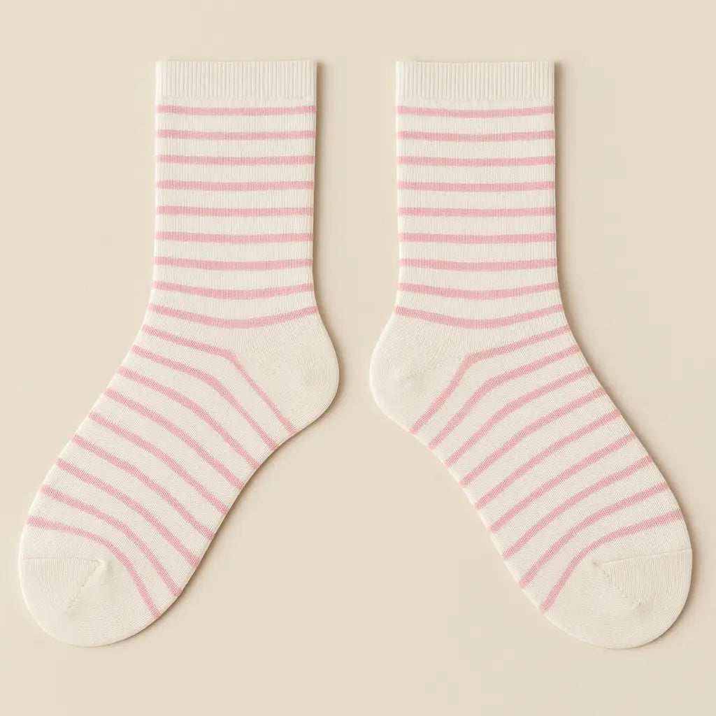 Chaussettes femmes rayées rose en coton mi-mollet paire