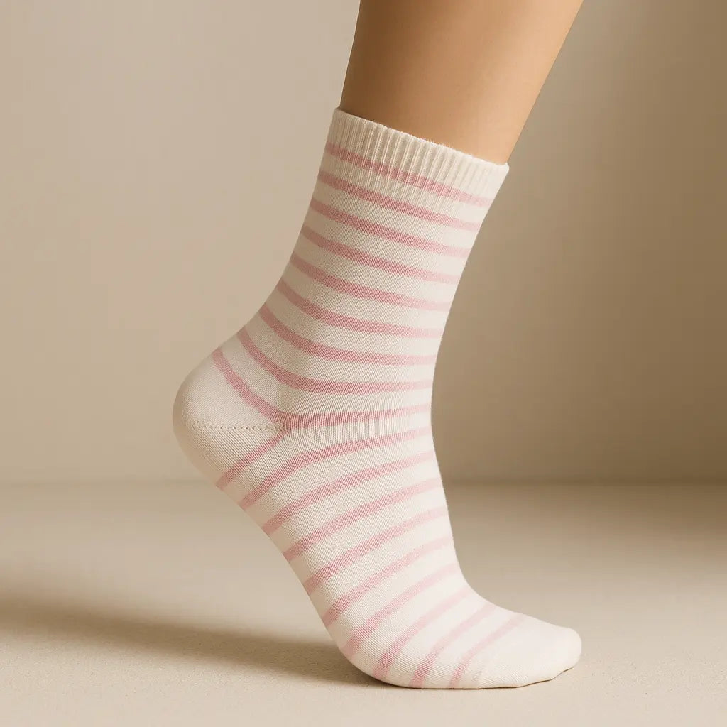 Chaussettes femmes rayées rose en coton mi-mollet sur pied mannequin
