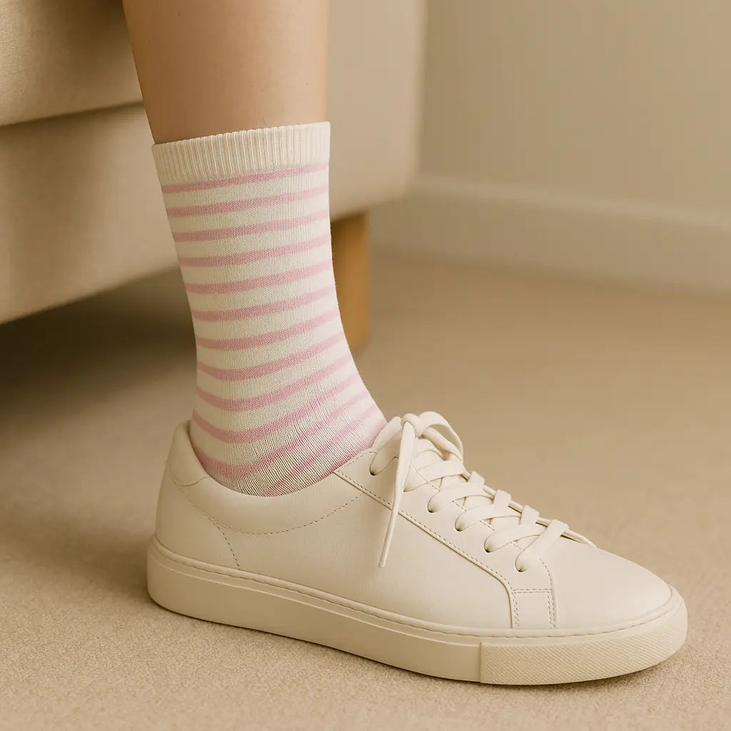 Chaussettes femmes rayées rose en coton mi-mollet en situation