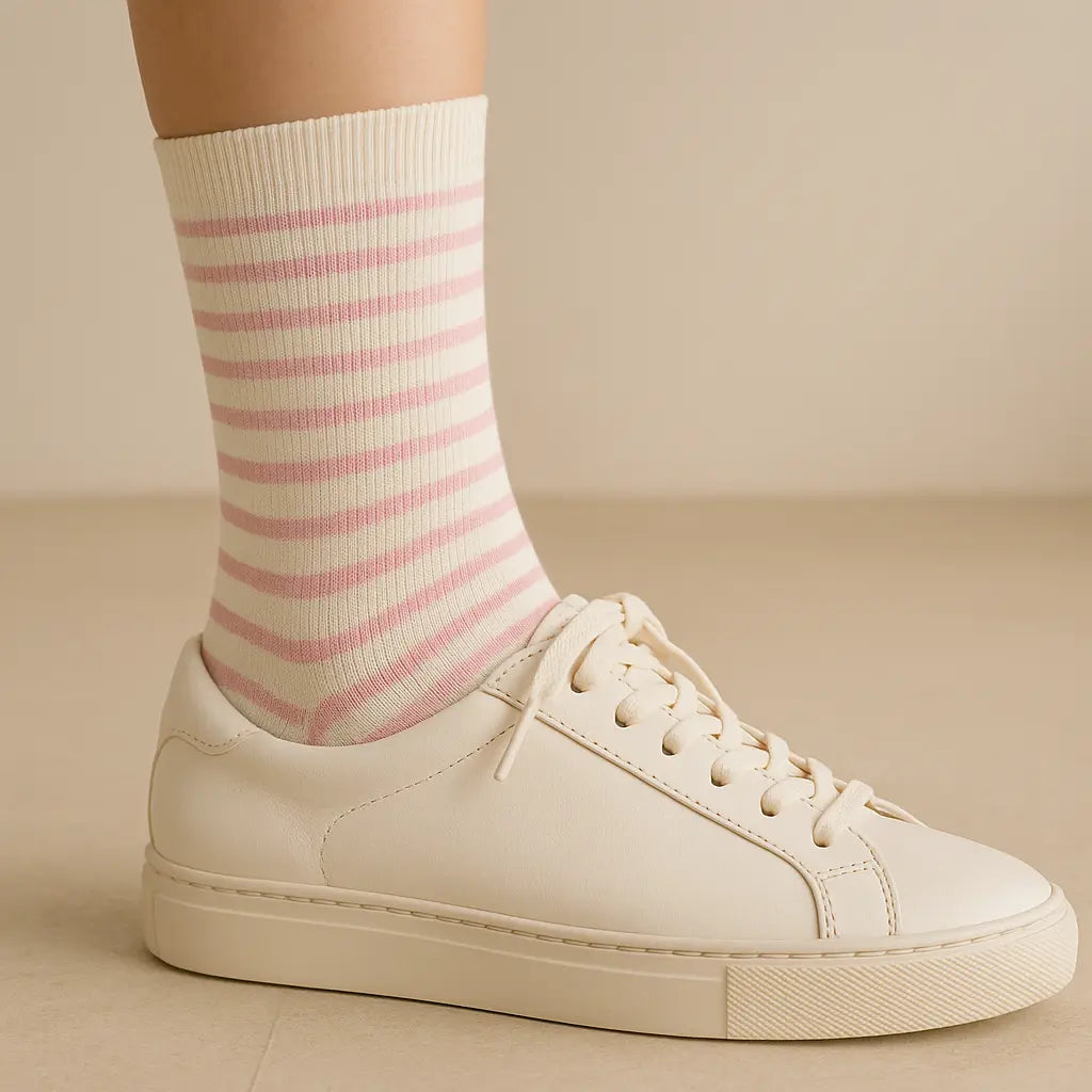 Chaussettes femmes rayées rose en coton mi-mollet avec chaussures