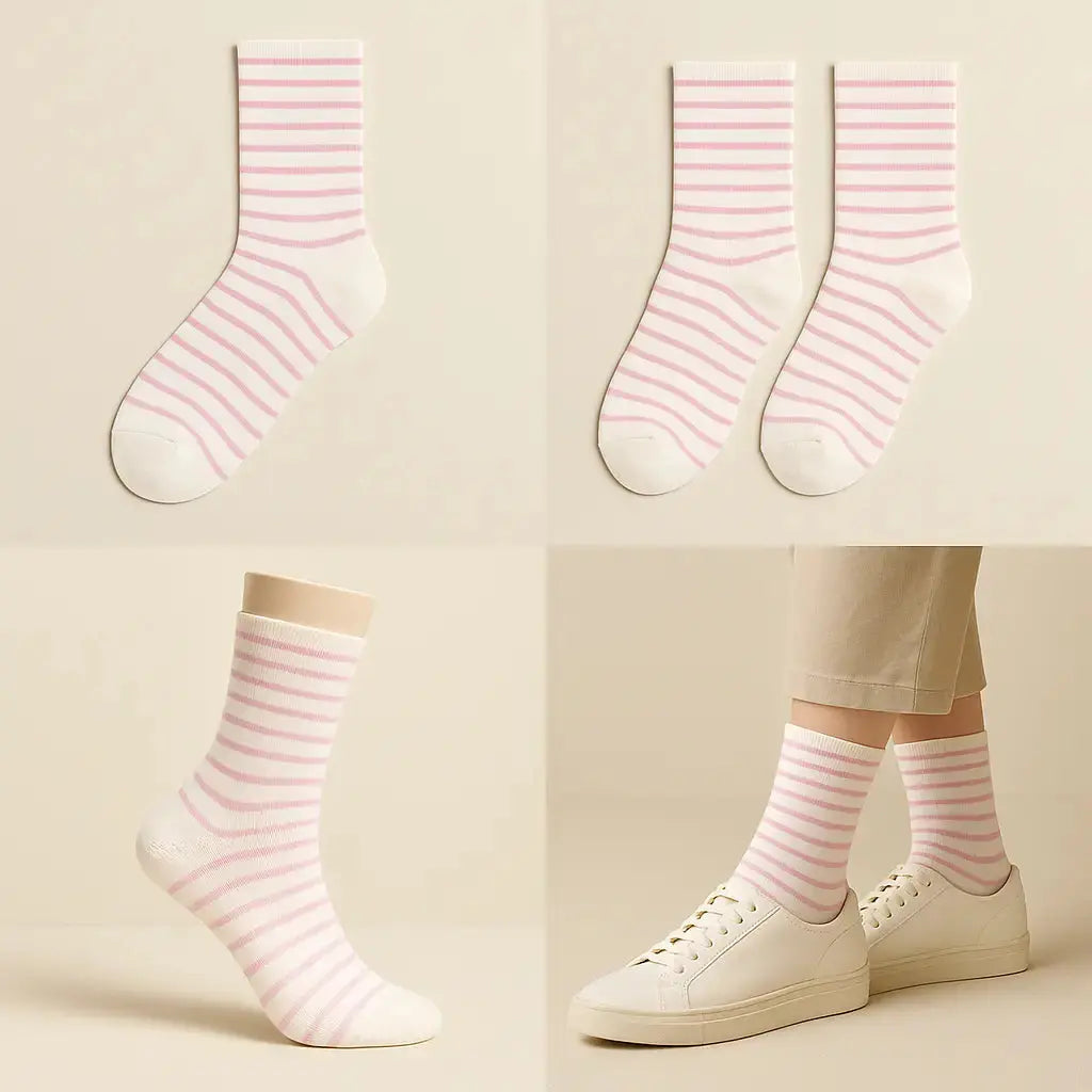 Chaussettes femmes rayées rose en coton mi-mollet galerie produit