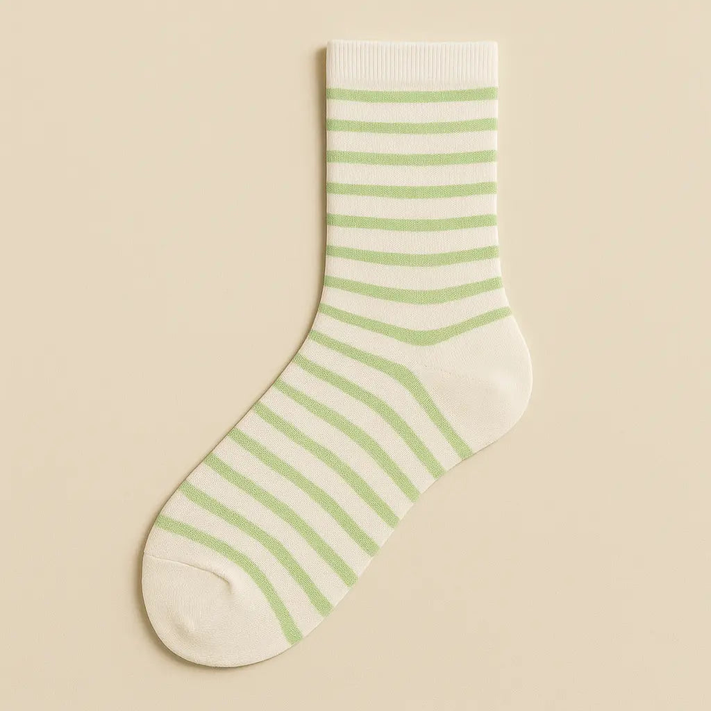Chaussettes femmes rayures vert clair coton mi-mollet vue à plat