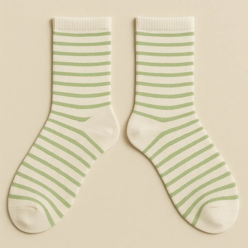 Chaussettes femmes rayures vert clair coton mi-mollet paire