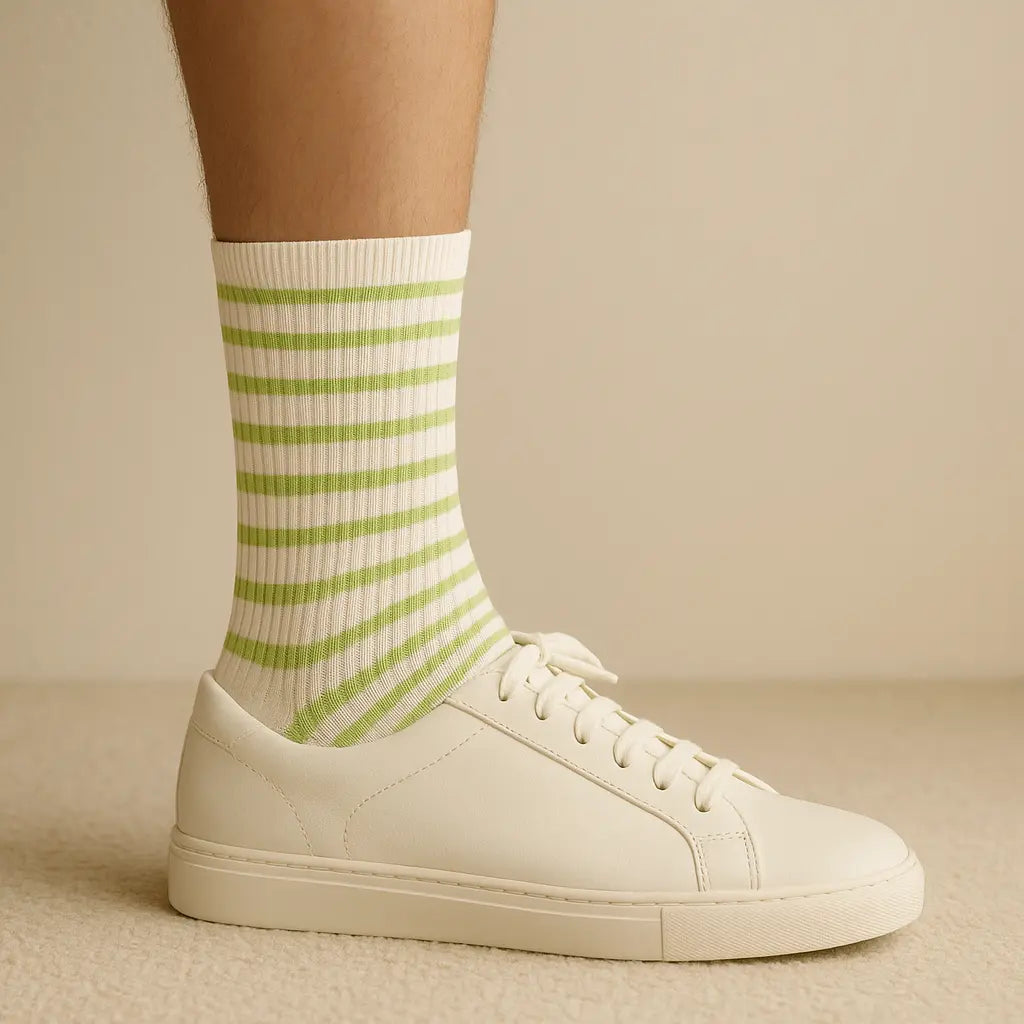 Chaussettes femmes rayures vert clair coton mi-mollet en situation