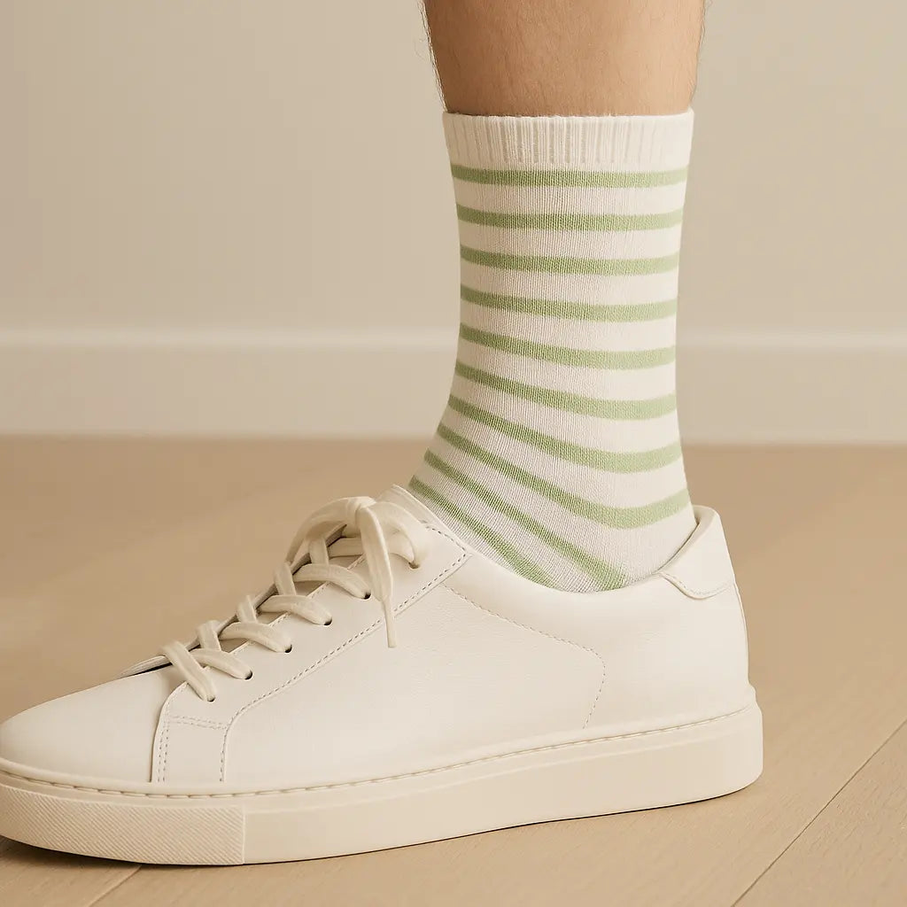 Chaussettes femmes rayures vert clair coton mi-mollet avec chaussures