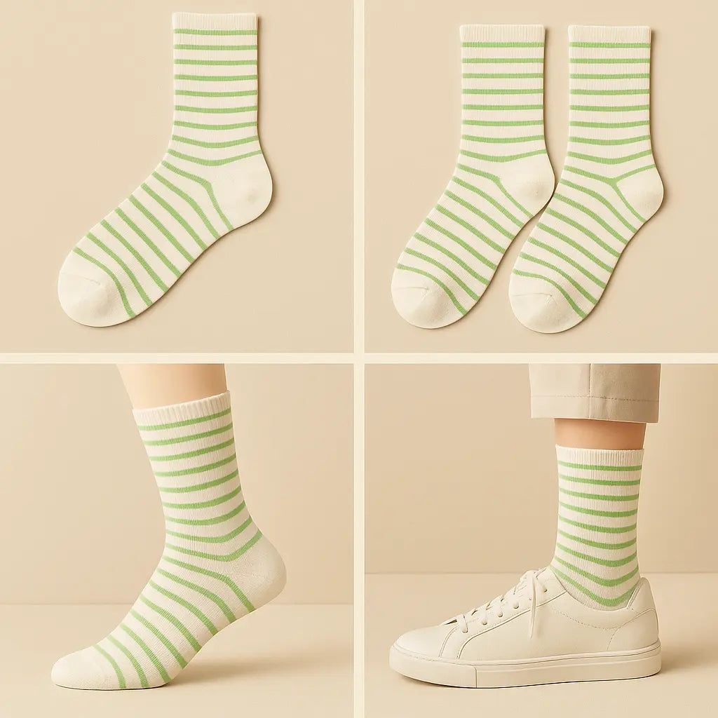 Chaussettes femmes rayures vert clair coton mi-mollet galerie produit