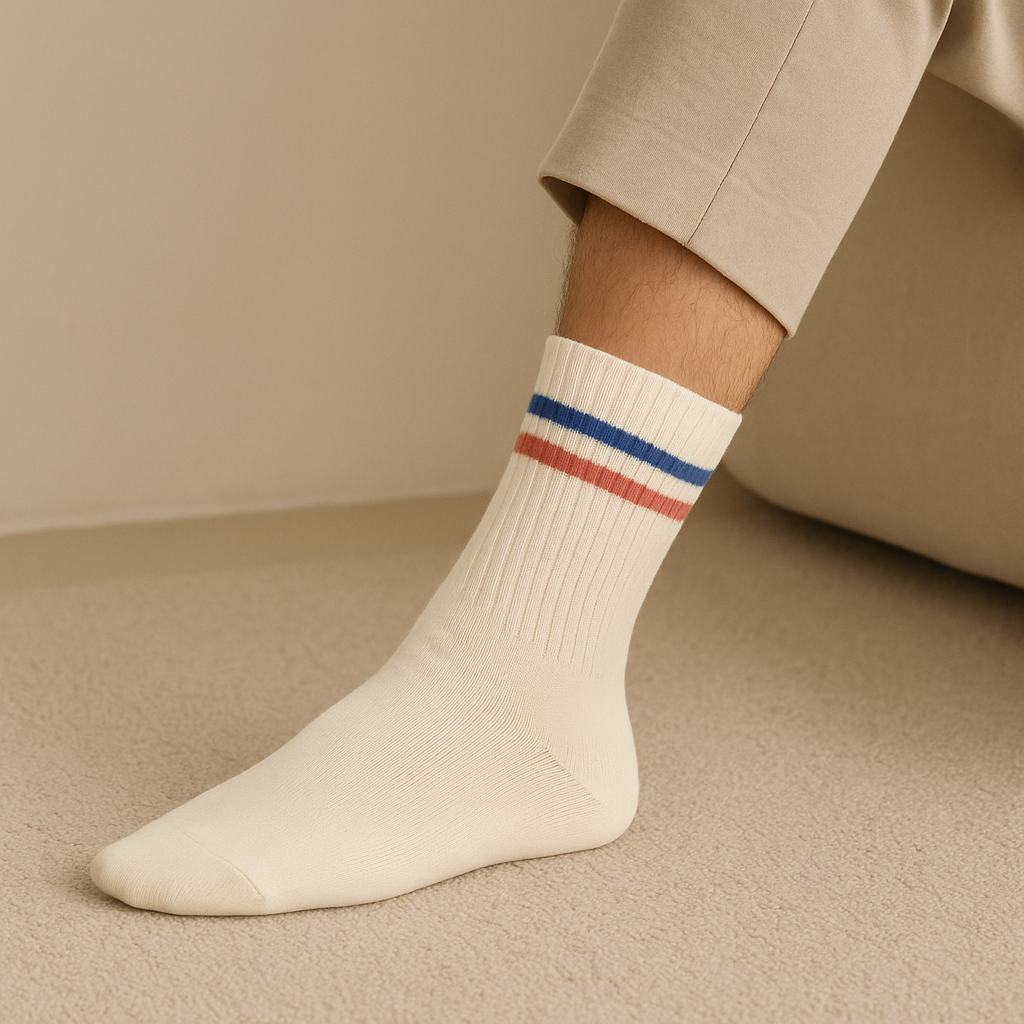 Chaussettes femmes sport mi-mollet en coton beige en situation