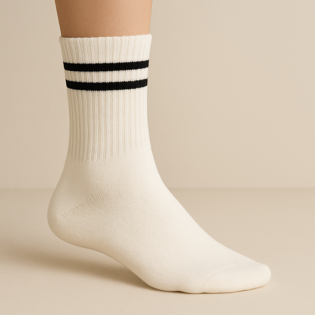 Chaussettes femme sport mi-mollet en coton blanc sur pied mannequin