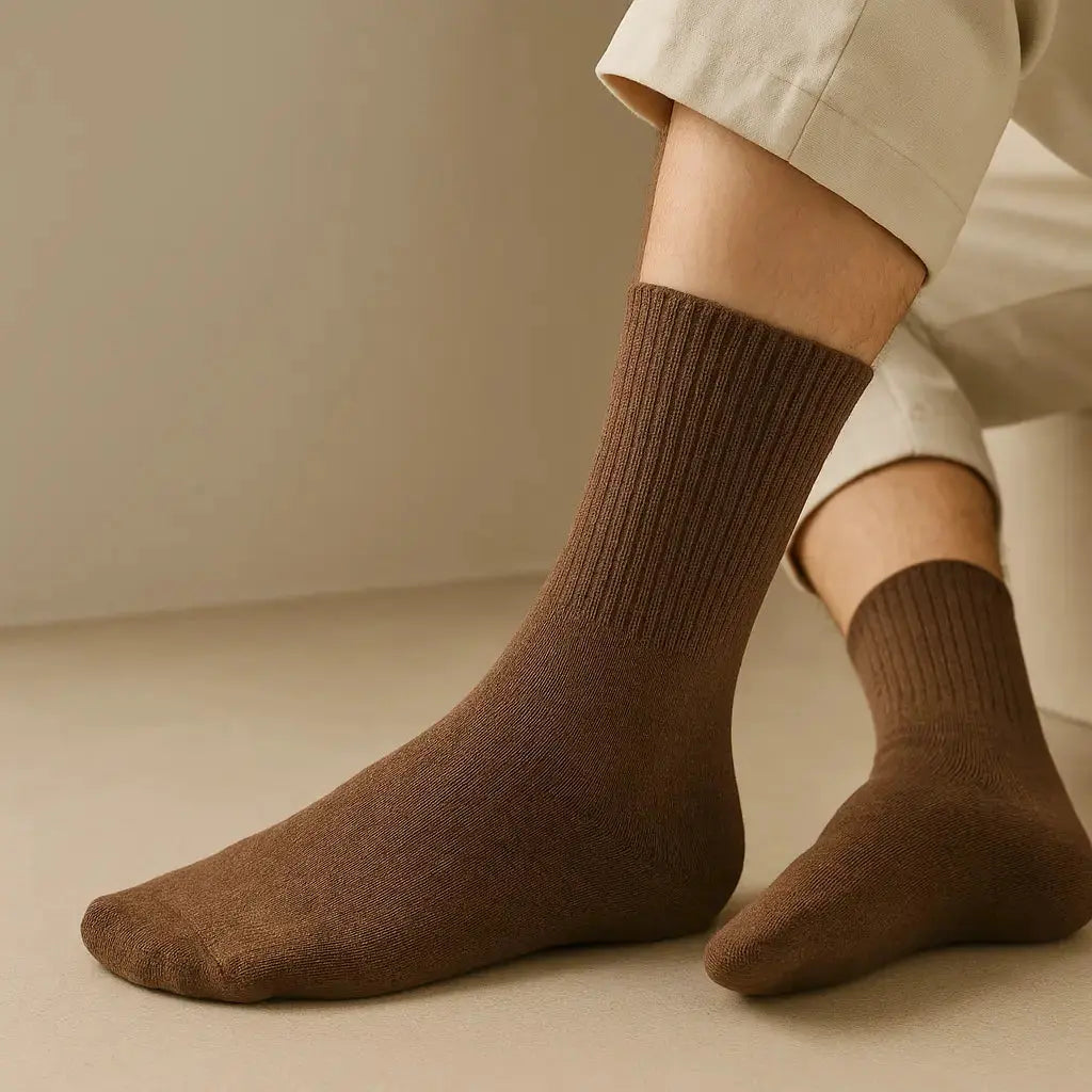 Chaussettes hommes Essential marron coton mi-mollet en situation