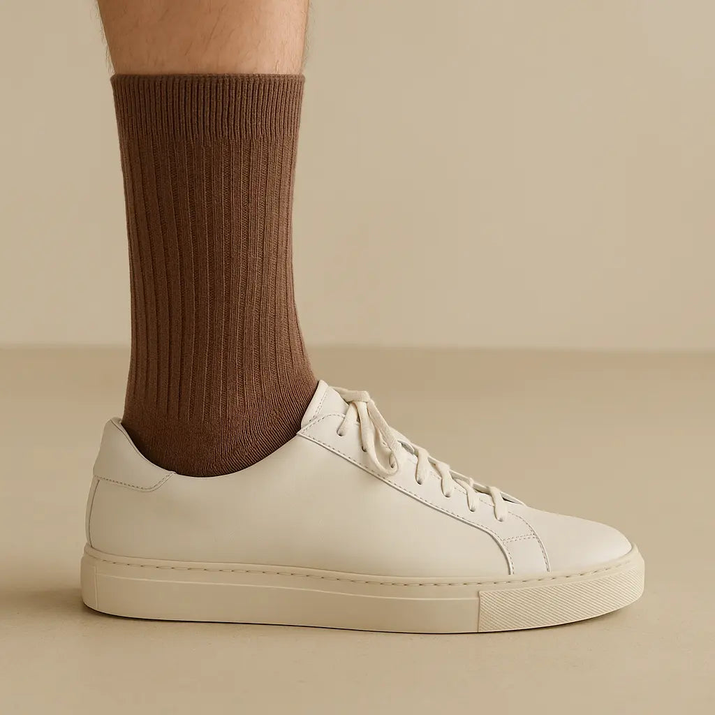 Chaussettes hommes Essential marron coton mi-mollet avec chaussures