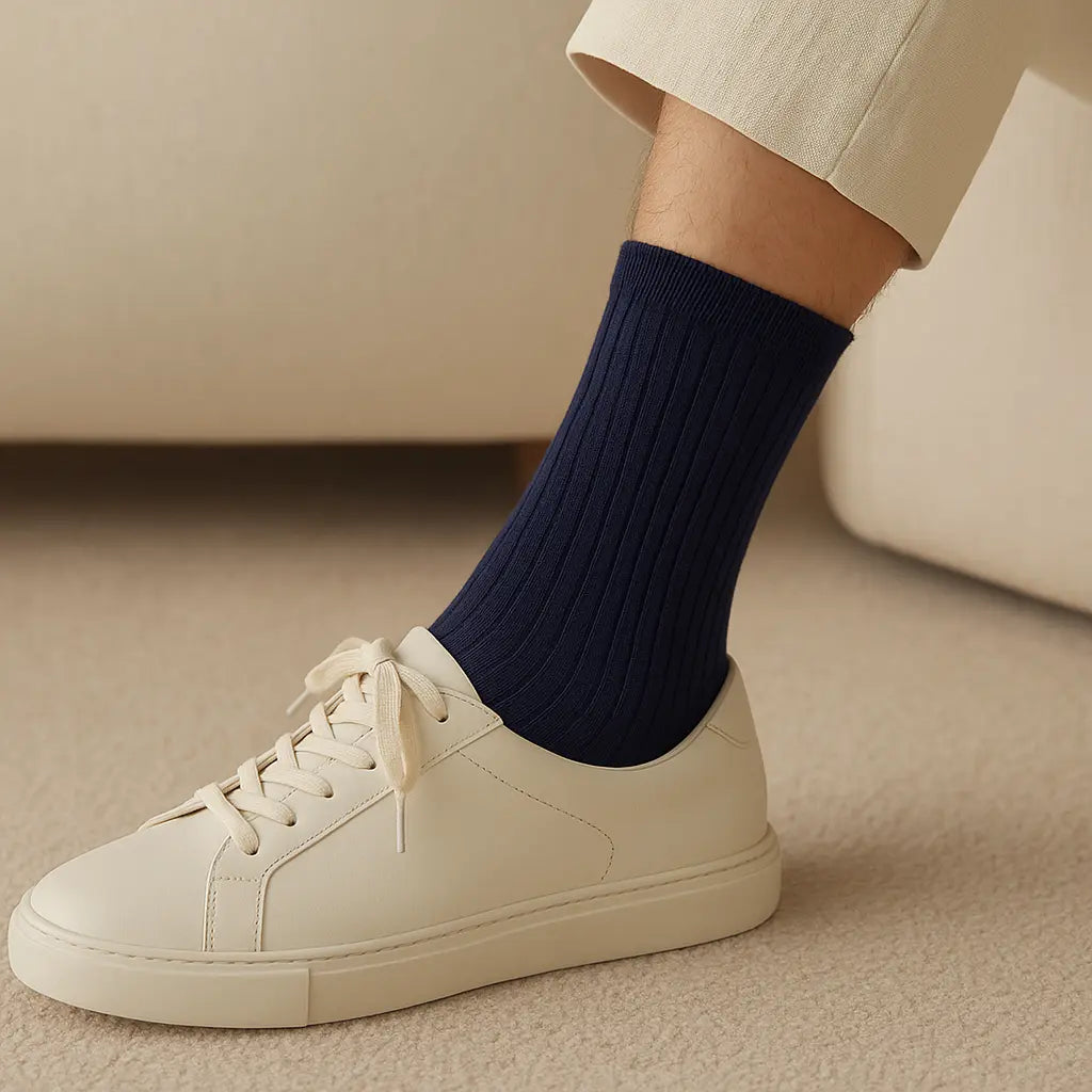 Chaussettes homme Essential mollet coton bleu marine en situation