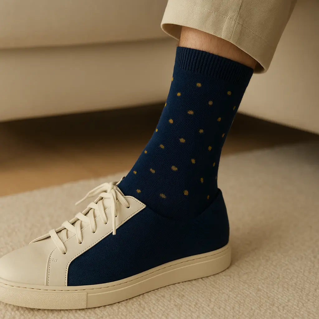 Chaussettes homme Pois bleu marine en coton mollet en situation