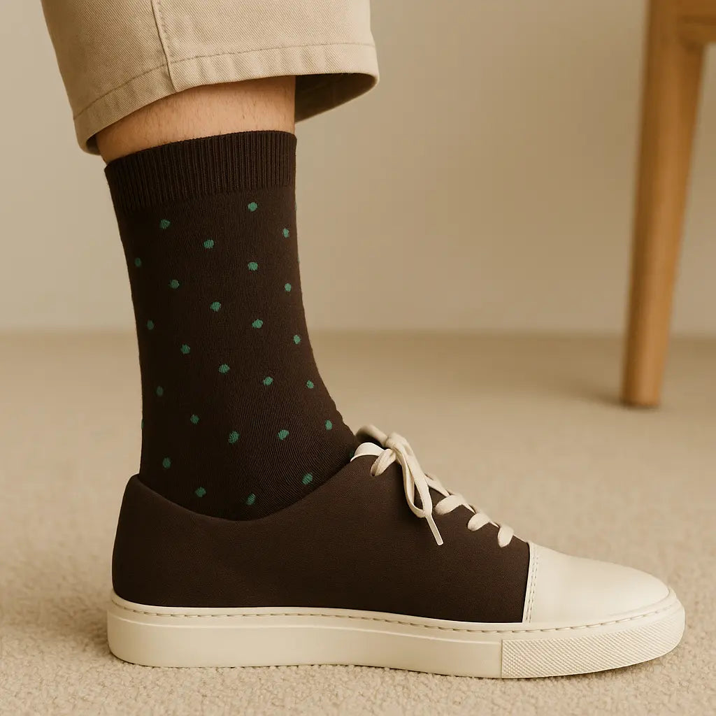 Chaussettes homme pois marron coton mi-mollet en situation