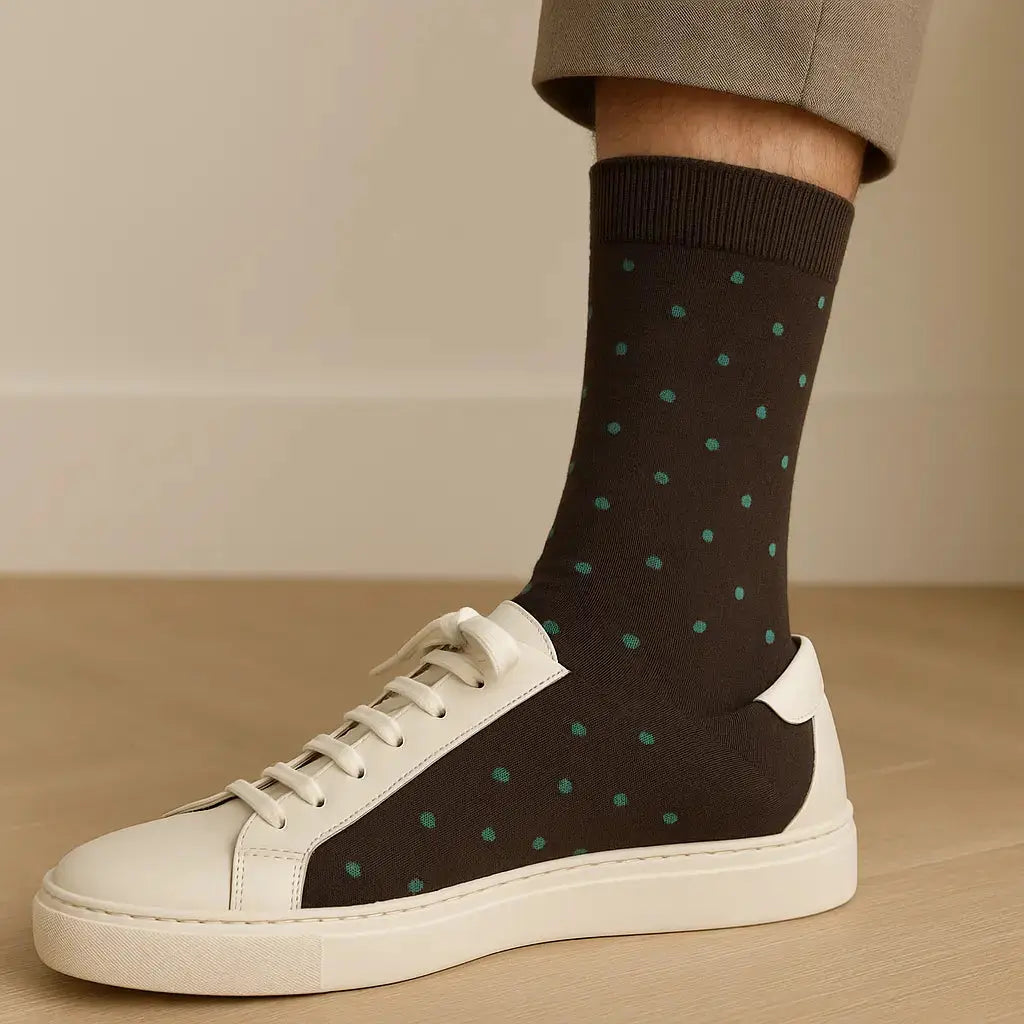 Chaussettes homme pois marron coton mi-mollet avec chaussures