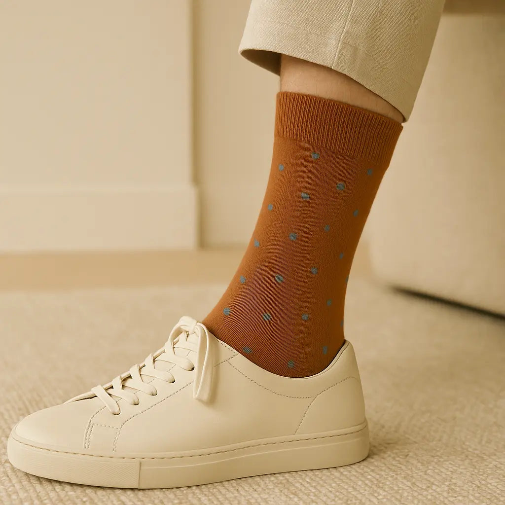 Chaussettes hommes Pois orange coton mi-mollet en situation