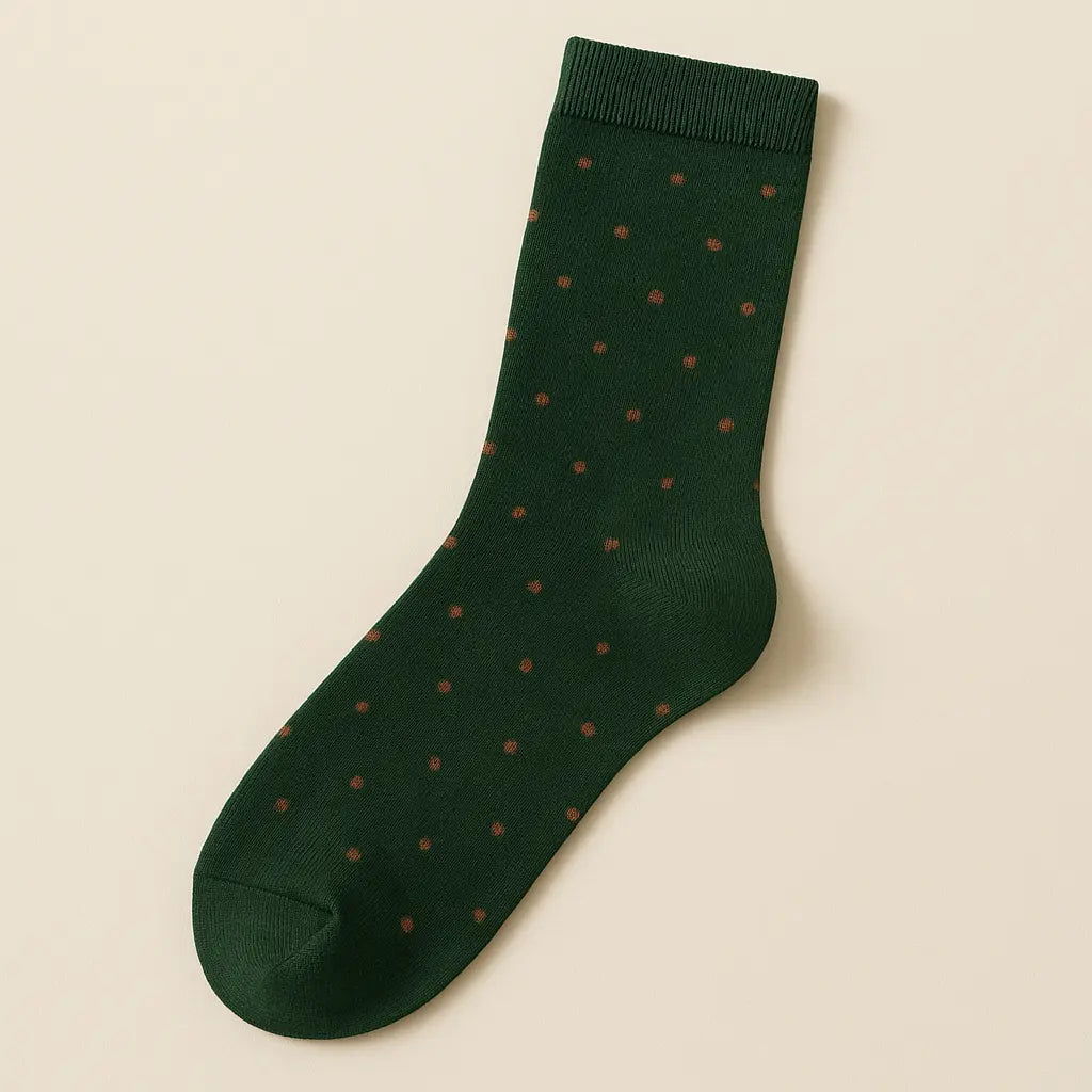 Chaussettes hommes Pois vert foncé en coton mi-mollet vue à plat