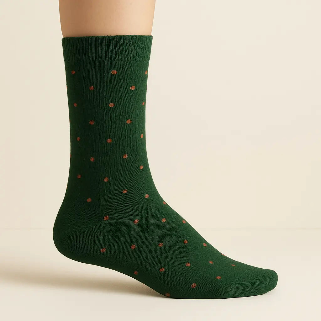 Chaussettes hommes Pois vert foncé en coton mi-mollet sur pied mannequin
