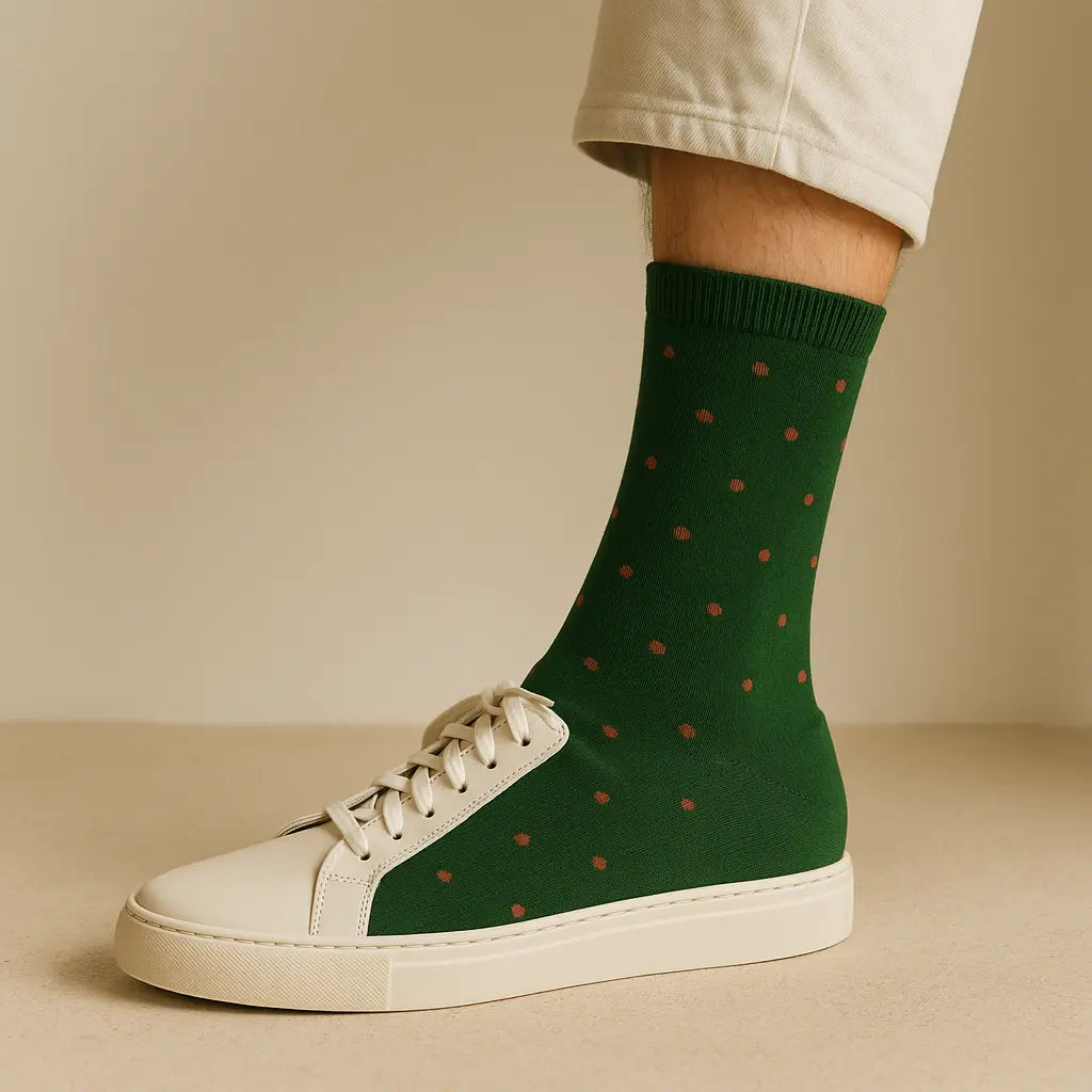 Chaussettes hommes Pois vert foncé en coton mi-mollet en situation